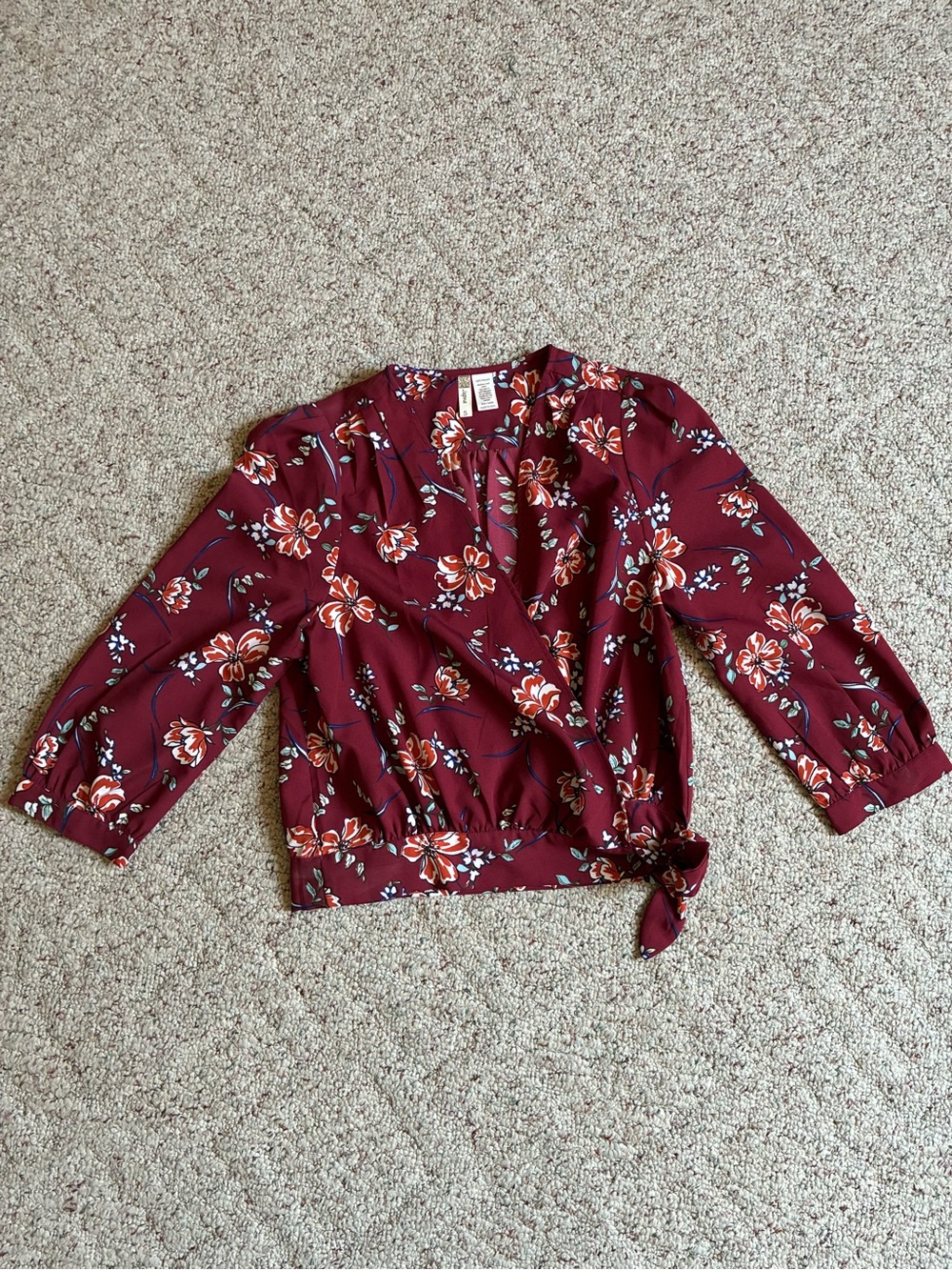 Japna Maroon Floral Wrap Blouse with Cream & Green Accents